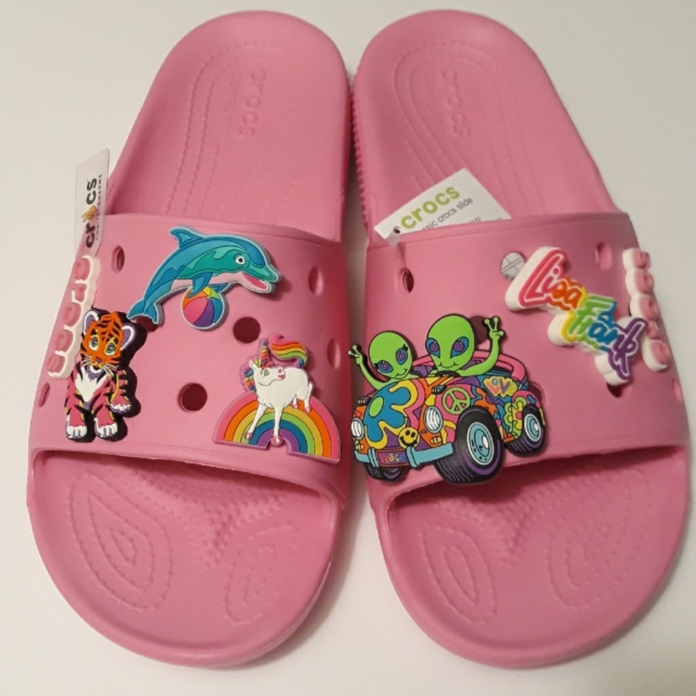 (New) Crocs Lisa Frank Jibbitz & Crocs Slides Set (W10/M8) (Taffy Pink)